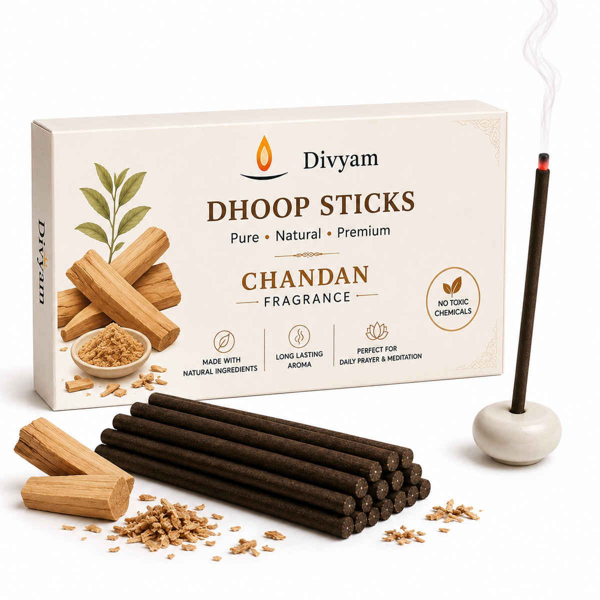 4 Inch Premium Dhoop Sticks With Ceramic Stand | Pure & Natural | Long Lasting Fragrance for Daily Pooja, Prayer & Meditation | 40 pieces