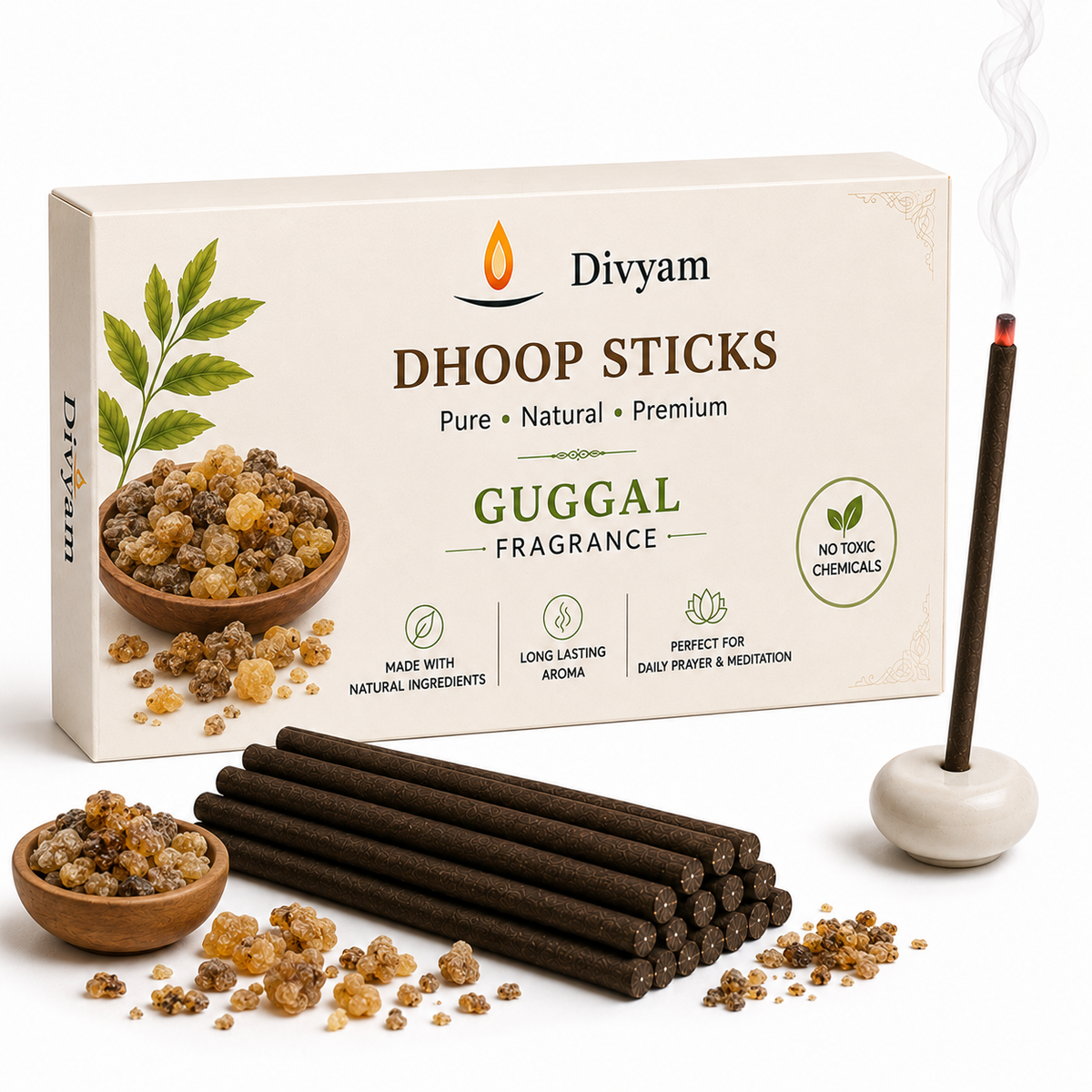 4 Inch Premium Dhoop Sticks With Ceramic Stand | Pure & Natural | Long Lasting Fragrance for Daily Pooja, Prayer & Meditation | 40 pieces
