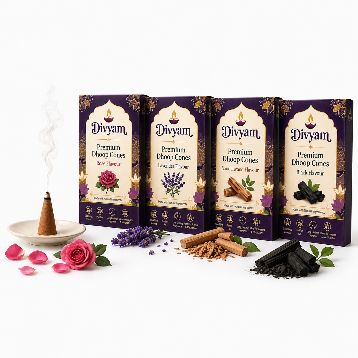 Premium Dhoop Cones | Rose, Lavender, Sandalwood & Black | Long Lasting Fragrance for Daily Pooja, Havan, Meditation and Yoga | Natural Aroma | 20 Cones in Each Box – Pack of 4
