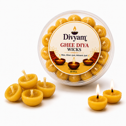 Divyam Pure Ghee Diya Wicks | Ready-to-Use Wax | 50 Pcs